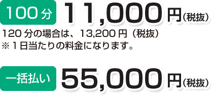 100分 11,000円(税抜)一括払い 55,000円(税抜)120分の場合は、13,200円(税抜)※1日当たりの料金になります。