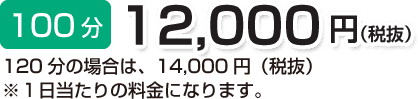 100分 12,000円(税抜)120分の場合は、14,000円(税抜)※1日当たりの料金になります。