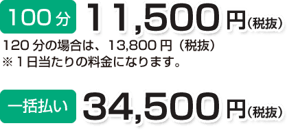 100分 11,500円(税抜)一括払い 34,500円(税抜)120分の場合は、13,800円(税抜)※1日当たりの料金になります。